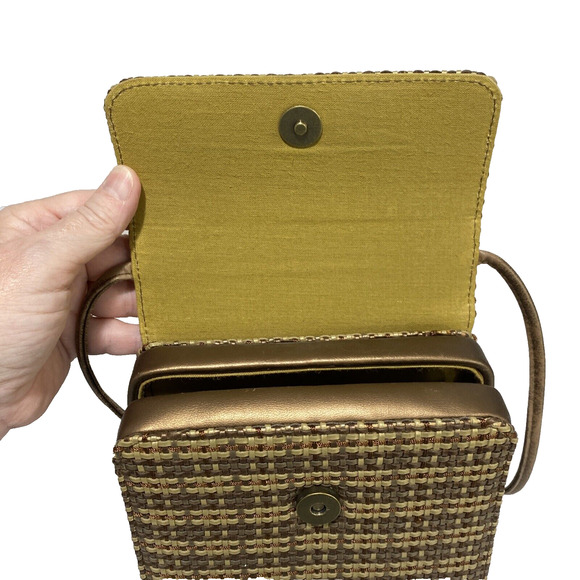 Vintage Mid Century Box Style Purse Shoulder Bag Brown Gold Woven Elegant Chic - Picture 8 of 14